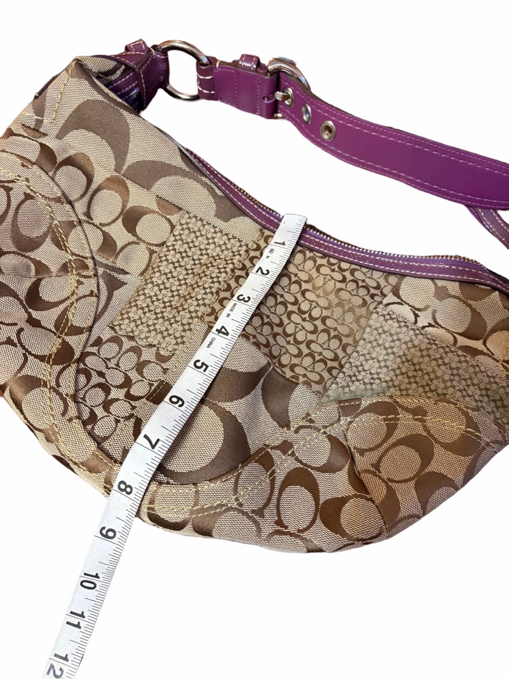 Vintage Coach Soho CrescentSignature Patchwork Small Hobo Y2K Khaki Burgundy - Picture 11 of 11